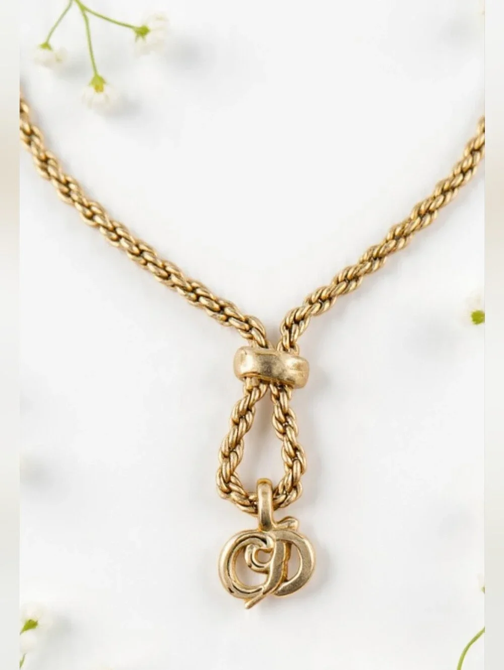 Christian Dior Vintage Gold-Tone CD Knot Necklace ✨